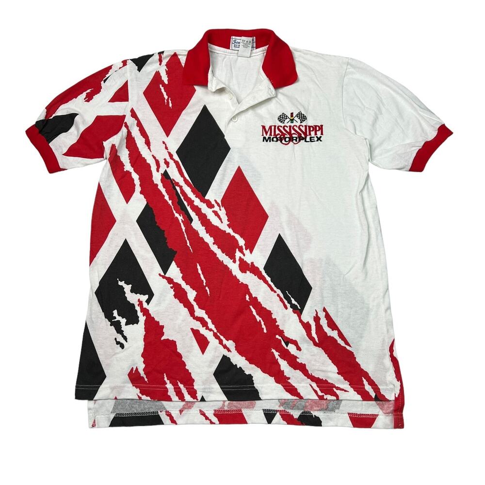 Vintage 80s Mississippi Motorplex Race Cars AOP Polo Shirt White Red Medium